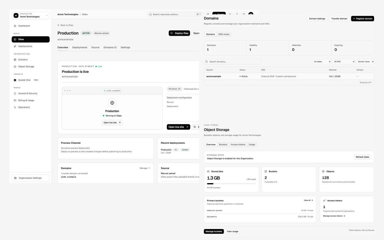 Actual Cloud console showing sample Organization Sites, Object Storage and domain resources