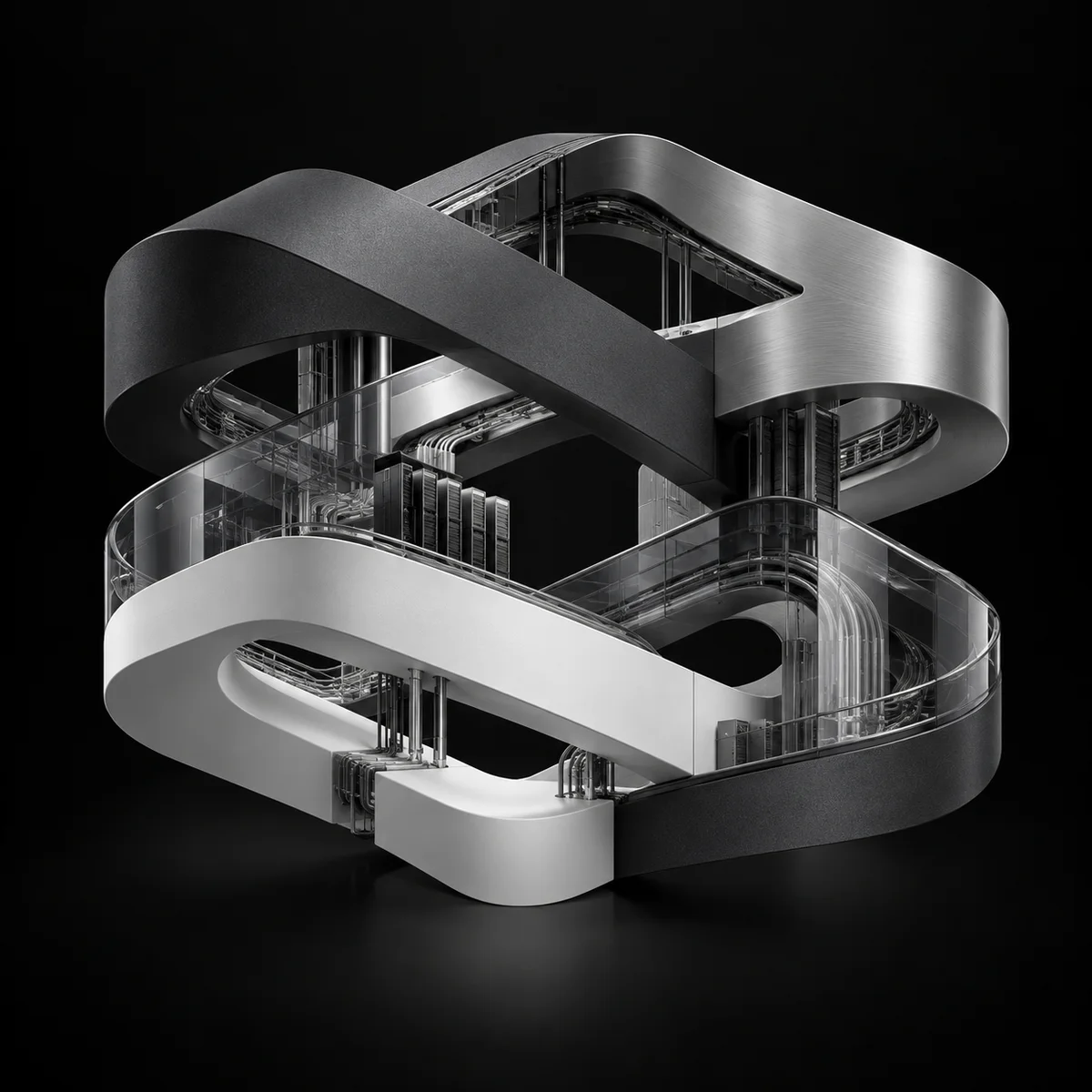 Interlocking architectural layers representing connected strategy, engineering, cloud and operations